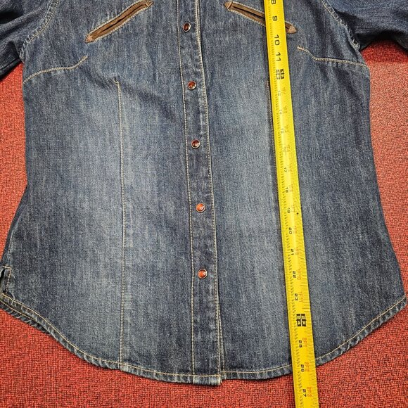 Vtg Lawman Western Pearl Snap Denim Shirt L Faux Suede Rodeo Retro Rockabilly - Picture 8 of 11
